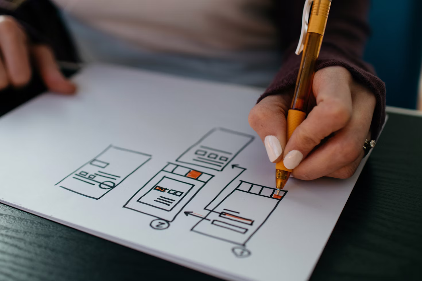 Hand drawing website wireframe and workflow planning for business scheduling system
