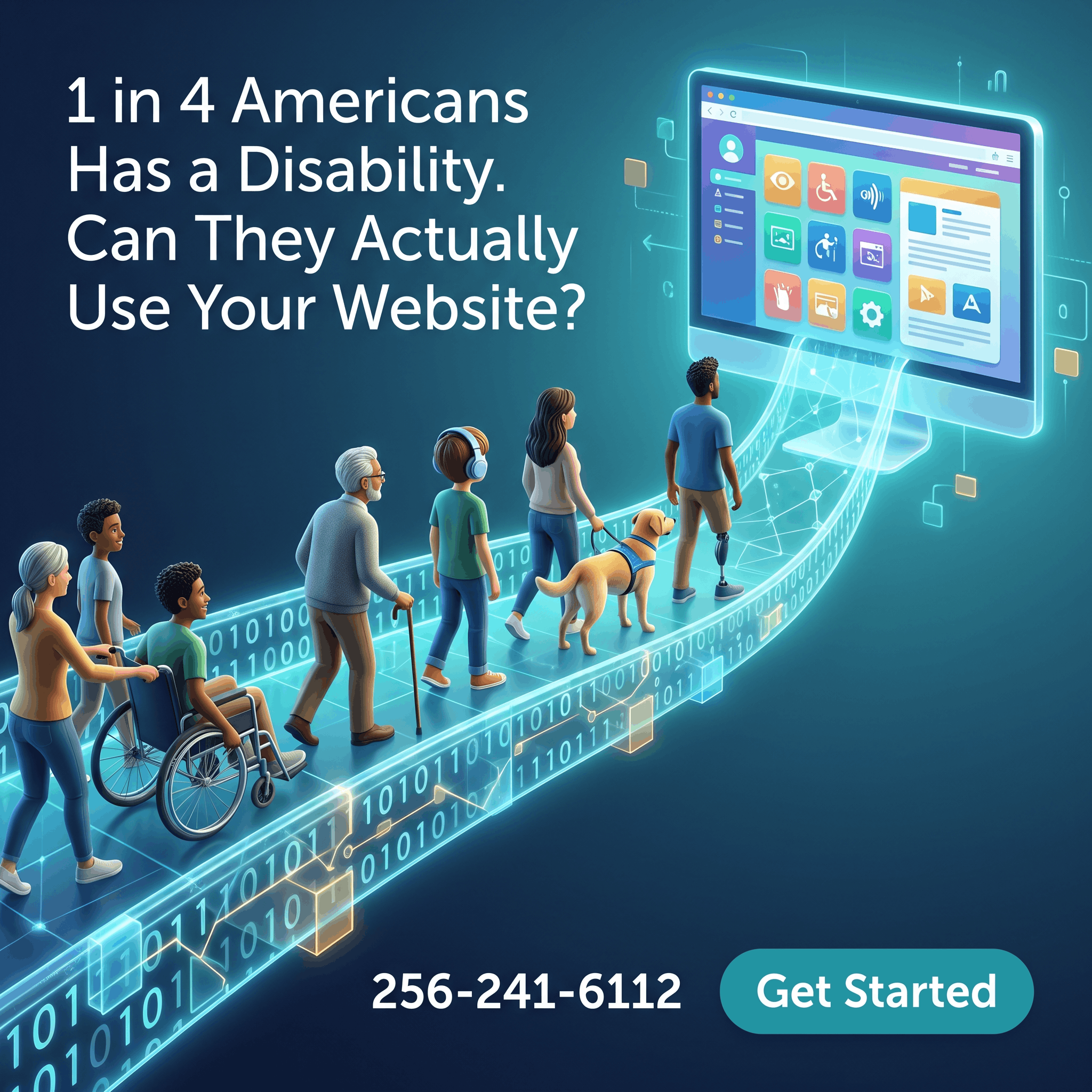 Illustration of people with various disabilities accessing a website through assistive technologies, highlighting ADA website compliance and web accessibility.