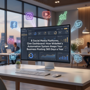 Unified social media dashboard displaying scheduled posts across Facebook, Instagram, TikTok, YouTube, LinkedIn, X, Bluesky, and Threads