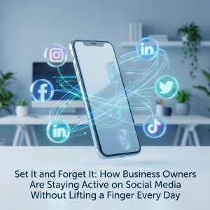 Relaxed business owner on phone while social media posts automatically go live in the background