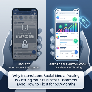 Business owner frustrated looking at an inactive social media feed on a laptop