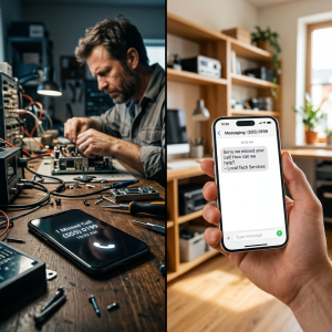 Split image showing a busy technician missing a phone call on the left, and a smartphone displaying an automated "Sorry we missed your call" text message on the right.