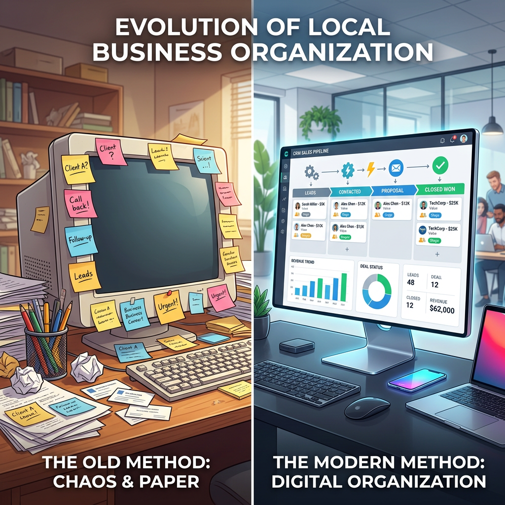 Split comparison showing a cluttered desk with sticky notes and paper on the left versus a clean desk with a digital CRM sales pipeline on a monitor on the right.