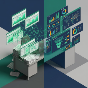 Isometric comparison split screen showing messy spreadsheets on a cluttered desk on the left vs an organized modern CRM dashboard on the right.